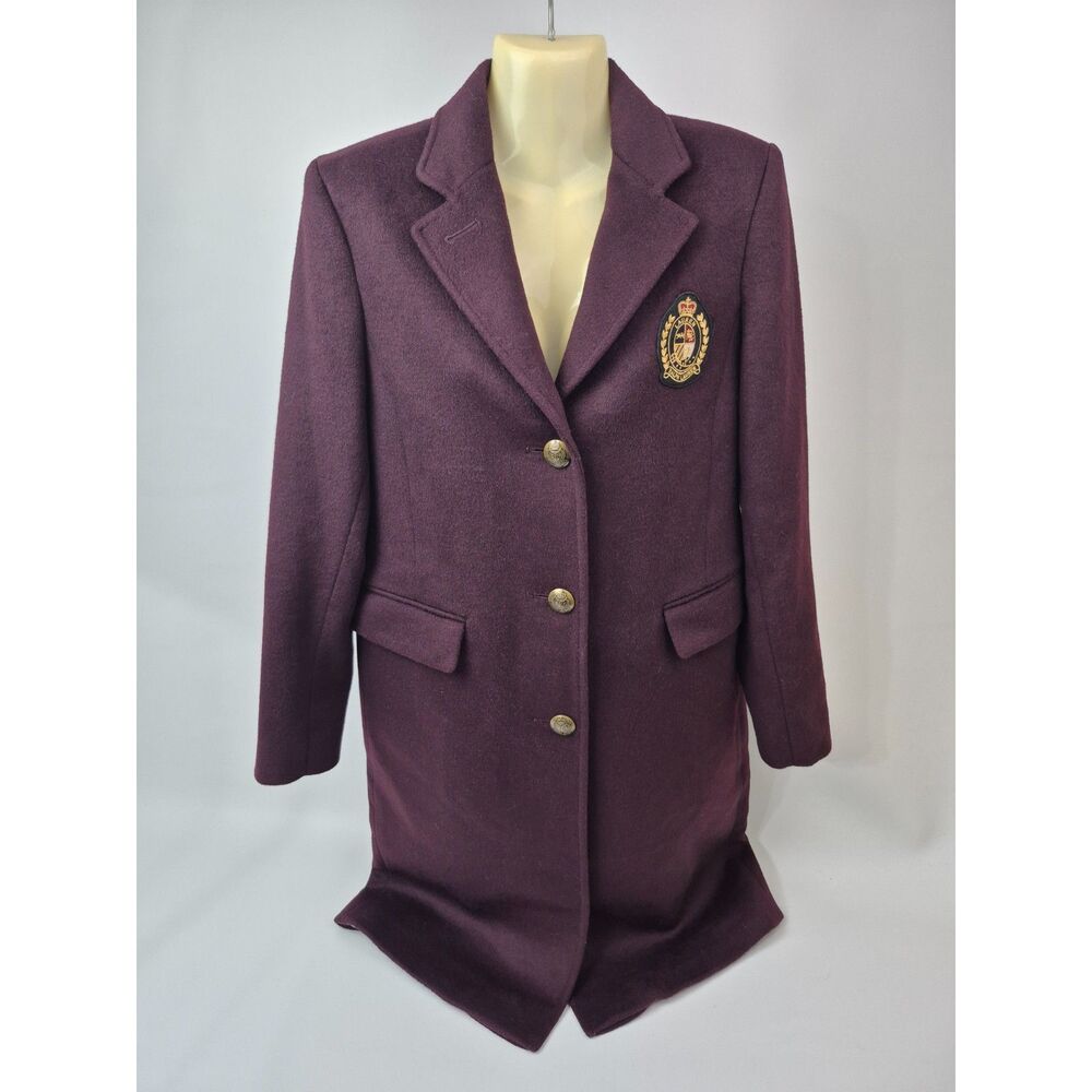 Ralph Lauren Women's Wine Plum Purple Crest Patch Wool Blend Reefer Coat Size 4
